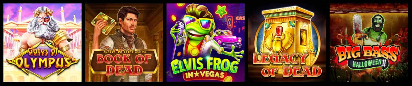 Mino Casino – baner kasyna: okładki automatów Gates of Olympus, Book of Dead, Elvis Frog in Vegas, Legacy of Dead, Big Bass Halloween II